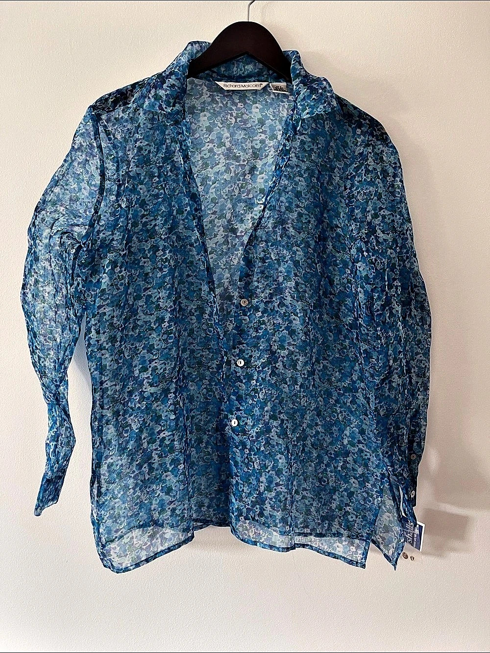Richard Malcolm Silk Abstract Button Down Shirt Blue & Green L NWT